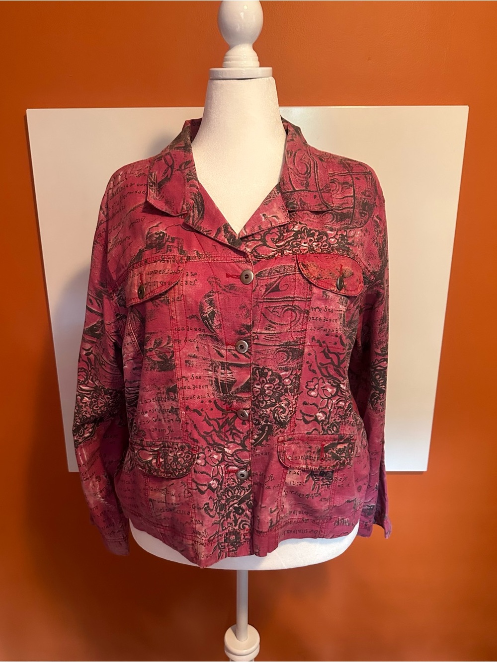 Chico's Red Toile Script Print Denim Style Utility Jacket Size 3 (XL)